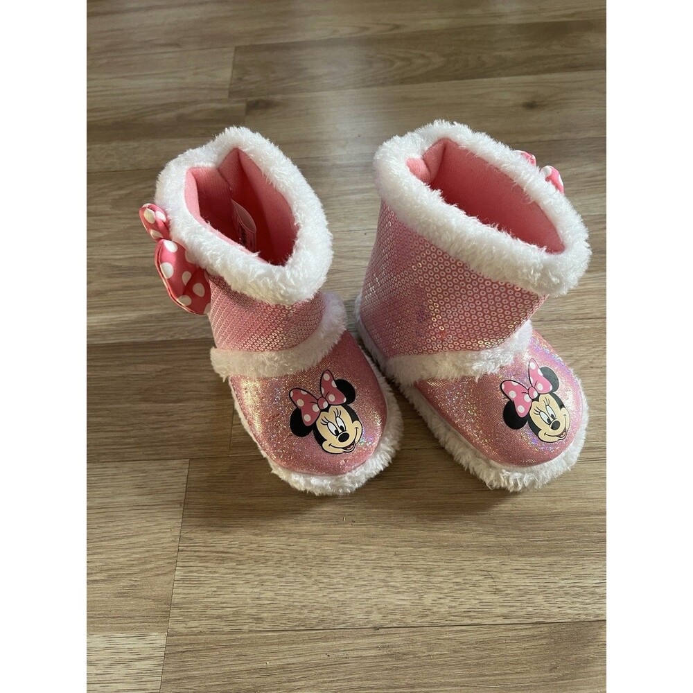 Disney Minnie Mouse Pink Lined Faux Fur Slip-On Ankle Booties Bow Size 7/8
